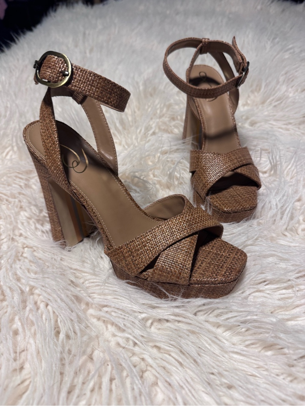 Sam Edelman Kayna Ankle Strap Heel Size 7 1/2 Platform Brown Weave